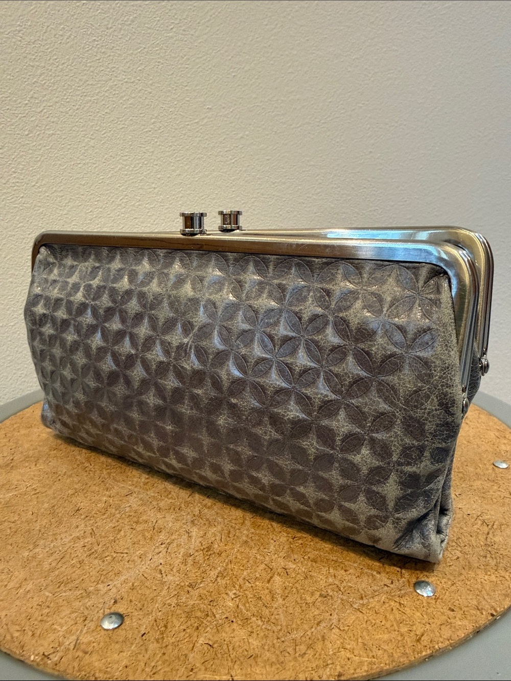 Gray Leather Hobo Laure Double Frame Clutch Wallet